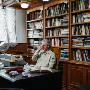 a man sitting behind his desk