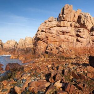 Rugged rock formations on the coastal seashore of Île-de-Bréhat, Brittany, France.