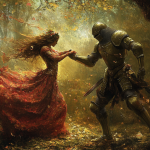 knight, woman, maiden, lady, dance, dancing, dancers, forest, medieval, middle ages, romantic, romance, love, armor, couple, ai generated