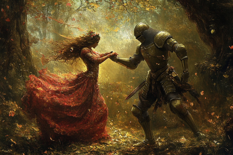 knight, woman, maiden, lady, dance, dancing, dancers, forest, medieval, middle ages, romantic, romance, love, armor, couple, ai generated