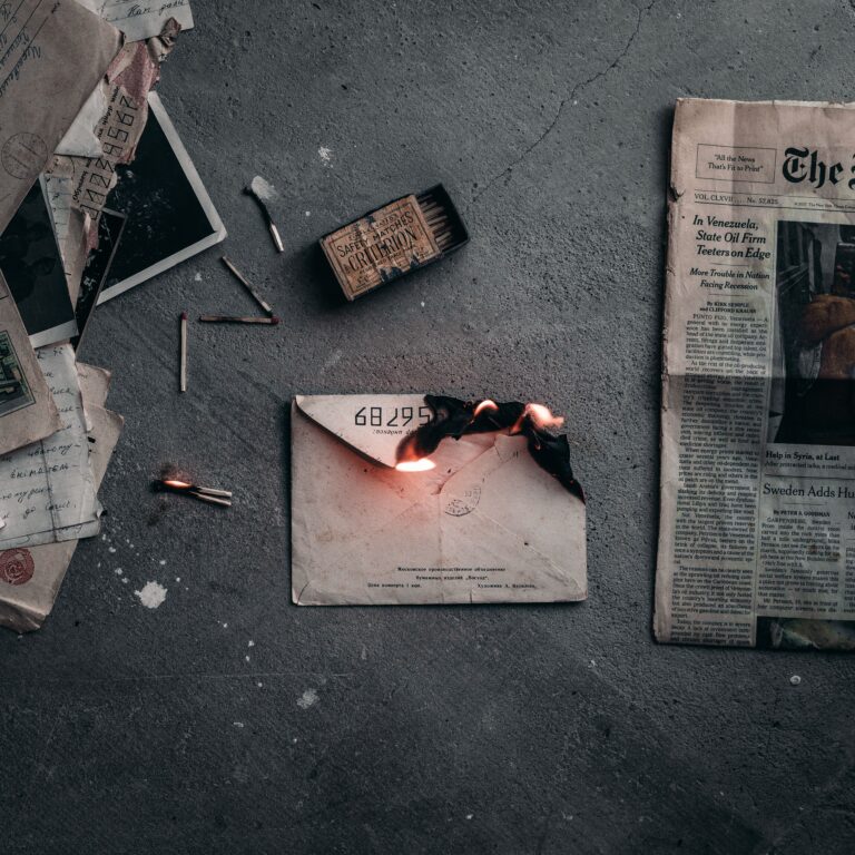 A dramatic scene of a burning envelope surrounded by matchsticks and old papers on a concrete floor.
